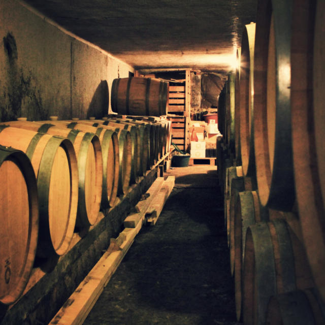 Tonneaux de vin du Clos Guirouilh à Lasseube dans une cave