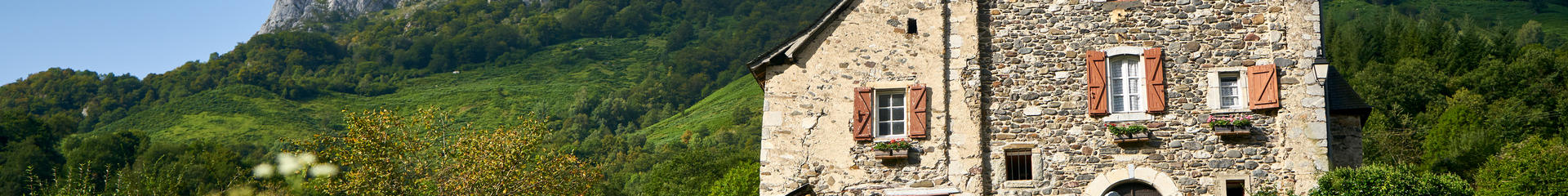 Maison béarnaise en pierre dans un environnement verdoyant de montagne