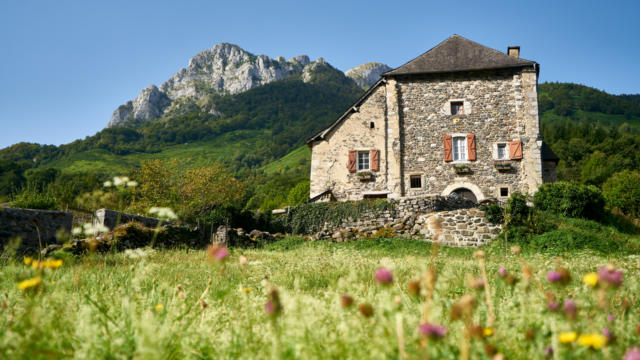 Maison béarnaise en pierre dans un environnement verdoyant de montagne