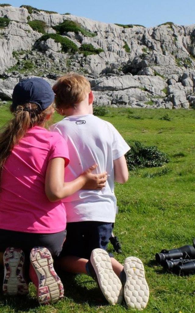 Deux enfants observent une marmotte en montagne