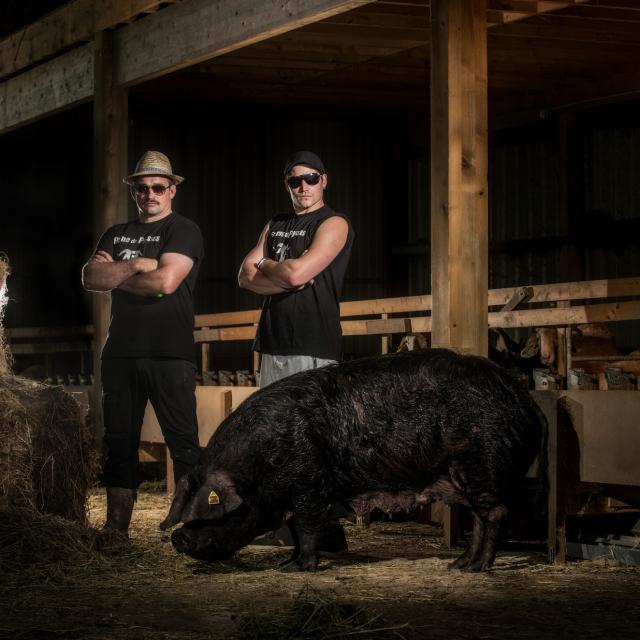 Producteurs de La Ferme du Payssas à Asasp-Arros avec un cochon noir