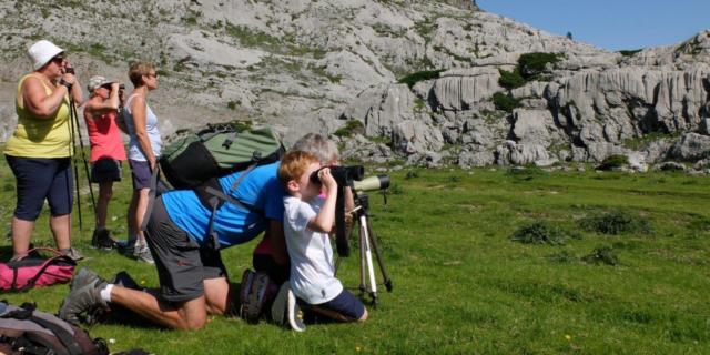 Randonneurs observent avec jumelles en montagne