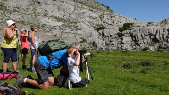 Randonneurs observent avec jumelles en montagne