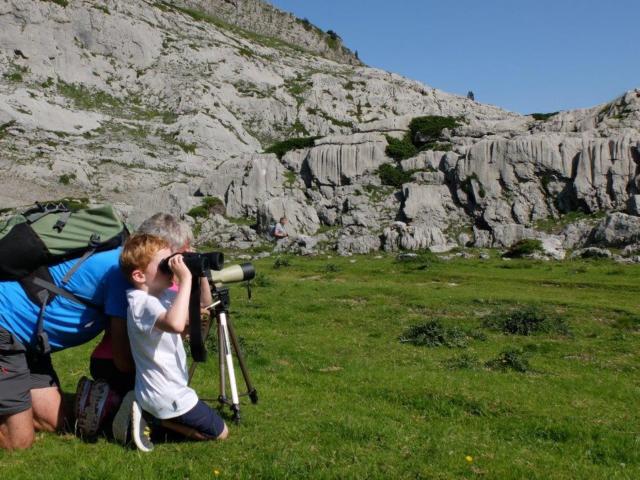 Randonneurs observent avec jumelles en montagne